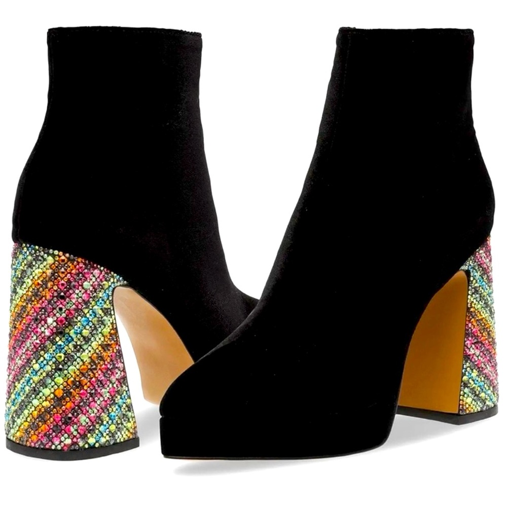 Betsey Johnson NWOT Stunning Black Ankle Boots Multicolor Rhinestone Heel (SH36) - Picture 1 of 9